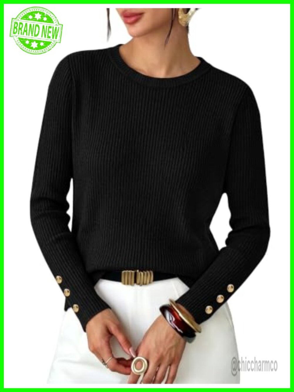 Women's Ribbed Knit Pullover Sweater Crew Neck Long Sleeve with Gold Cuff